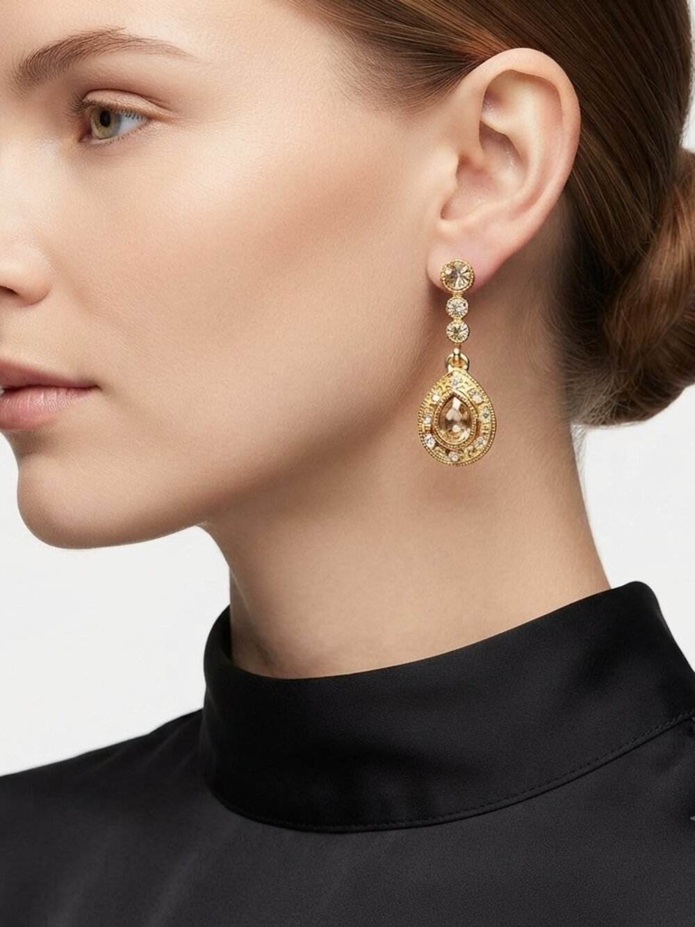 Vintage Gold-Tone Topaz Crystal Drop Earrings | Victorian Style